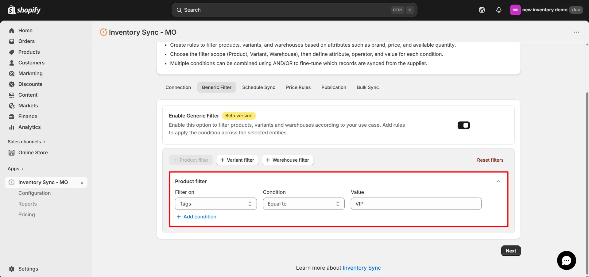 Shopify Amrod Integration - Product Filters