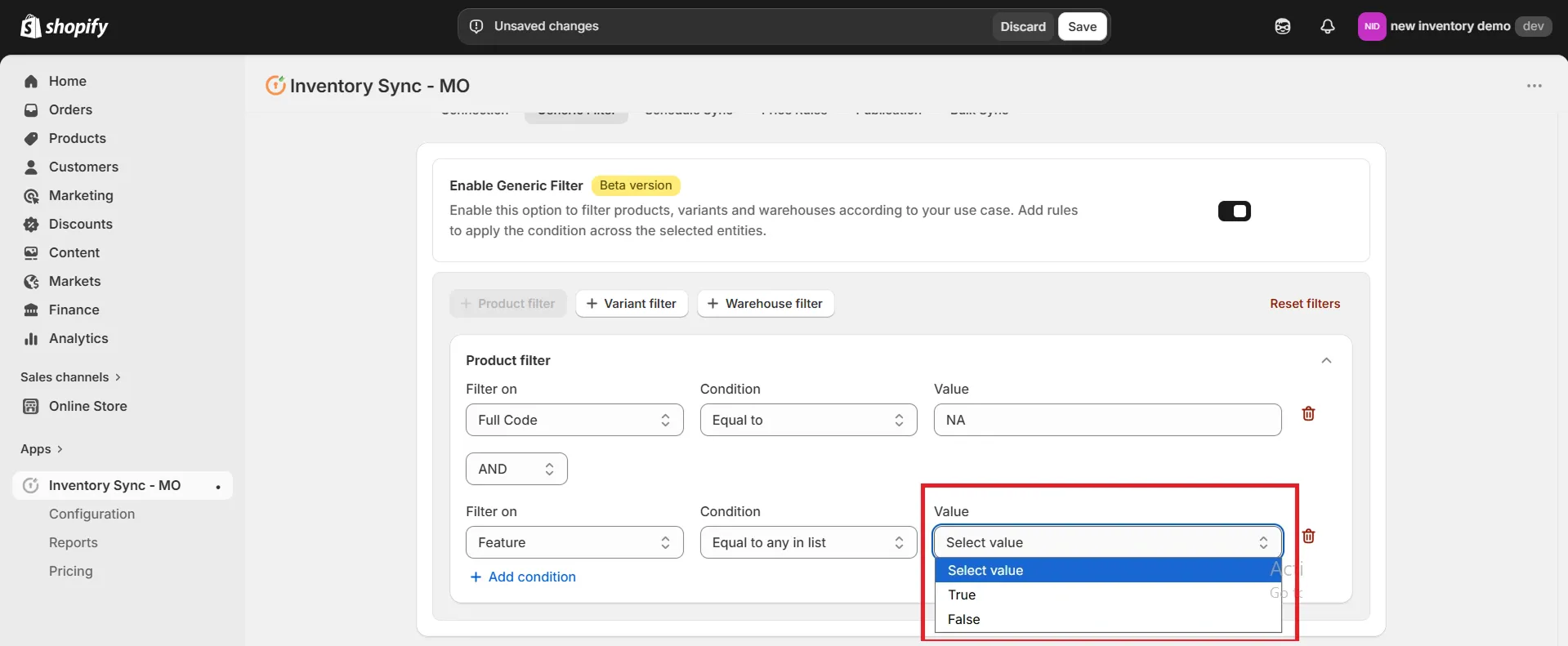 Shopify Amrod Integration - Warehouse Filter