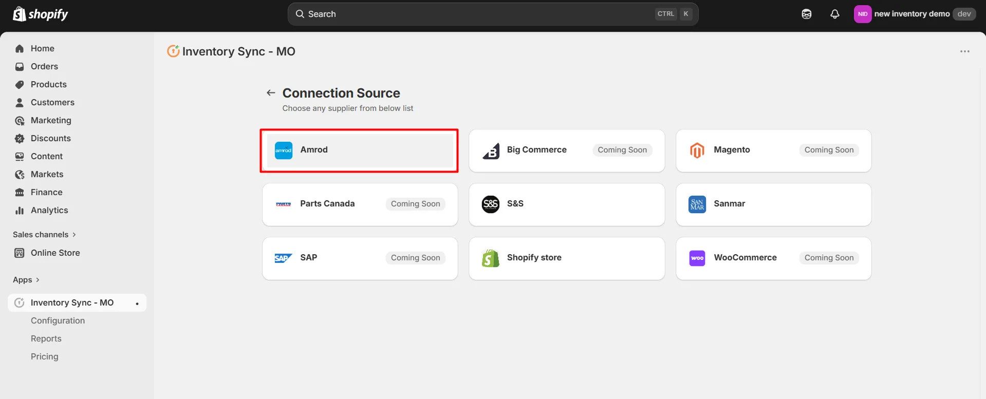 Connect Amrod to Shopify using Inventory Sync - Choose Amrod as connection source