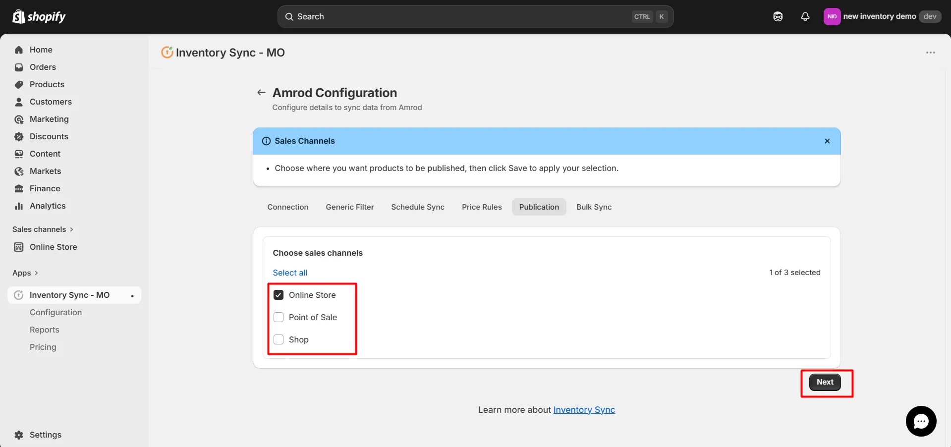 Connect Amrod to Shopify using Inventory Sync - select sales channel