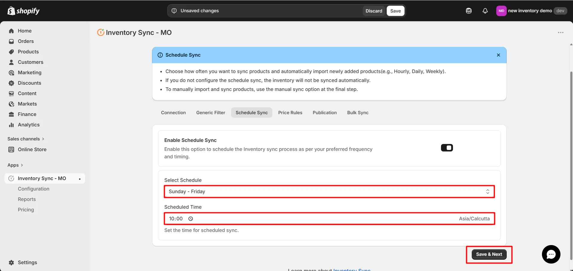Conecte Amrod a Shopify mediante Inventory Sync: programe el intervalo de tiempo de sincronización