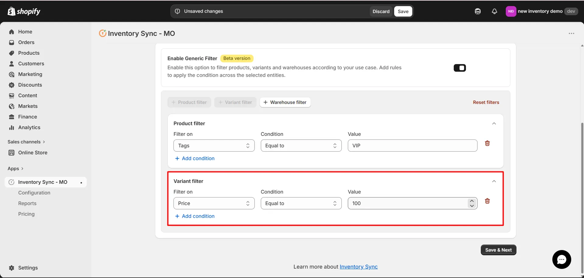 Shopify Amrod Integration - Variant Filter