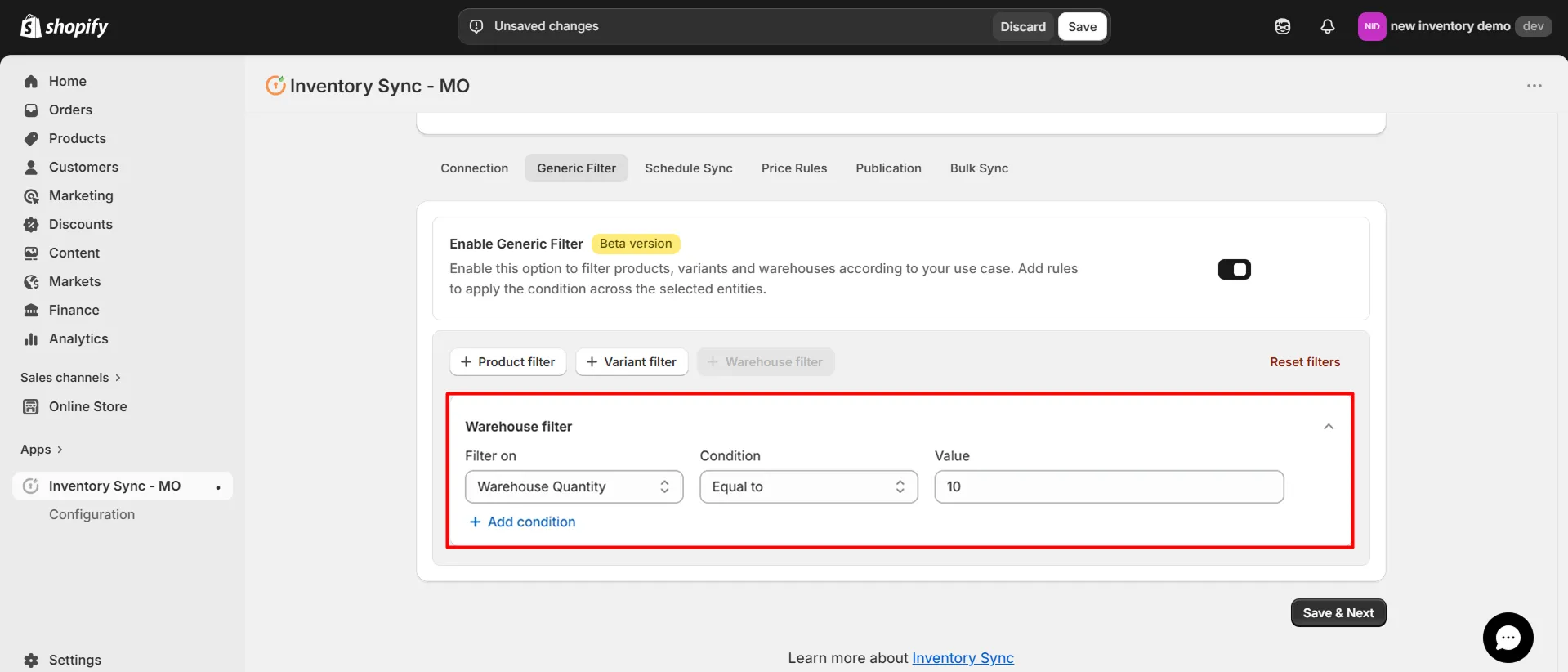 Shopify Amrod Integration - Warehouse Filter