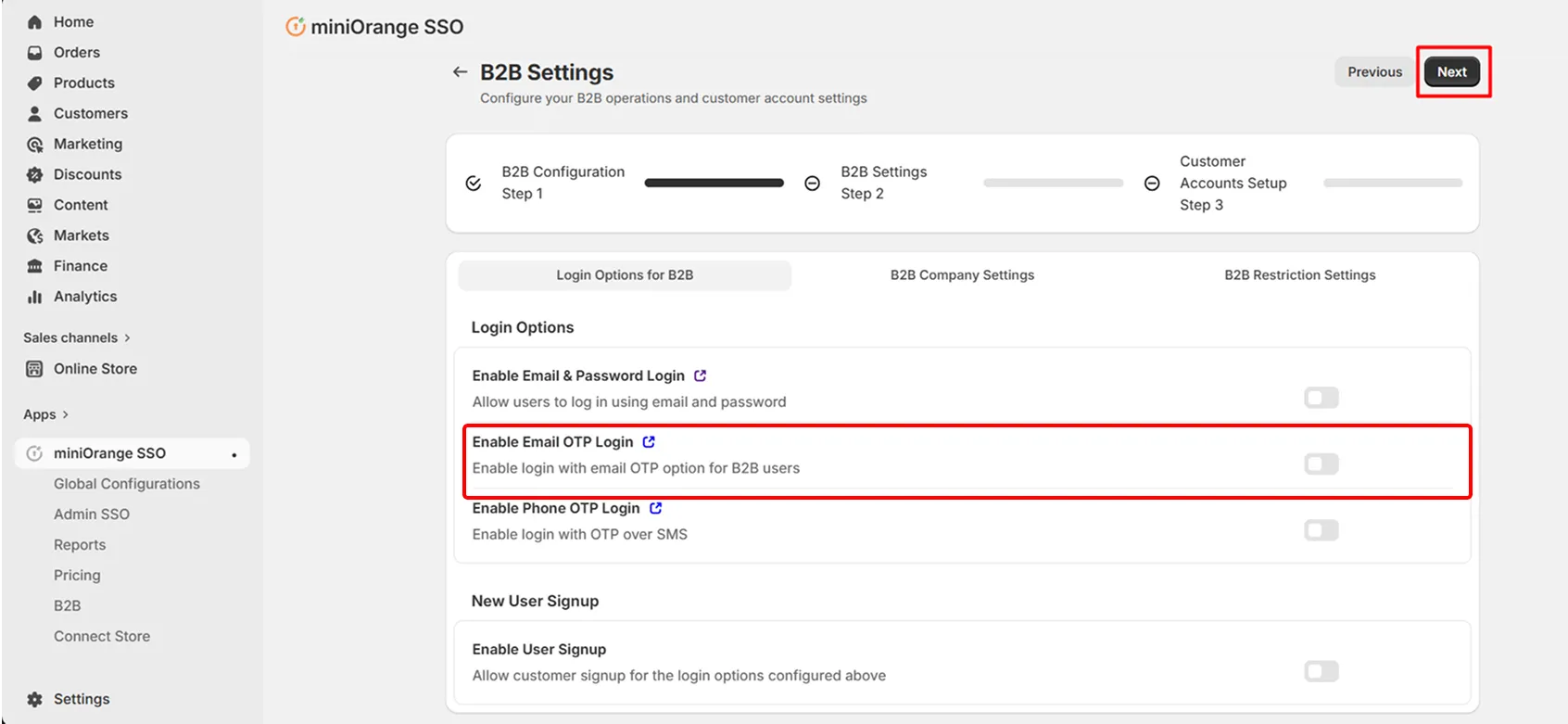 Shopify B2B in Single Sign-On (SSO) - Enable Passwordless OTP Login