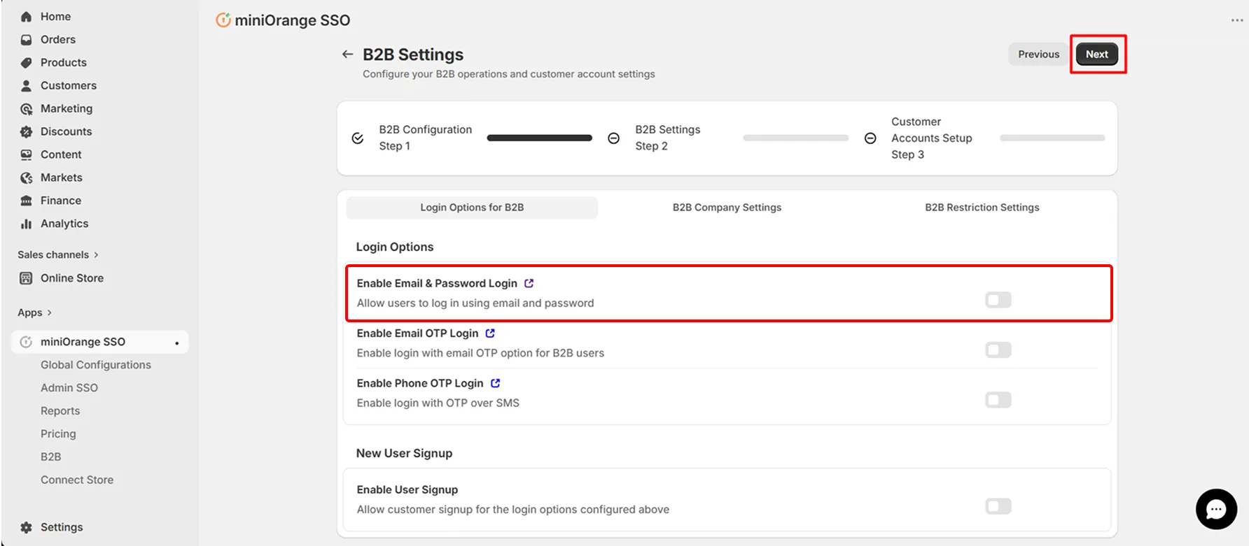 Shopify B2B in Single Sign-On (SSO) - Enable Email Password Login