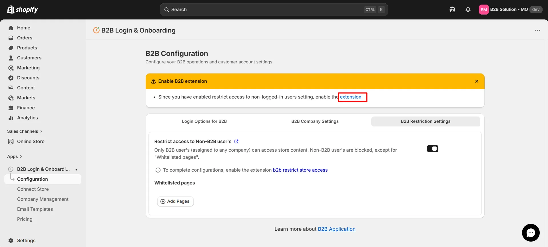 Click B2B Restrict Store Access extension