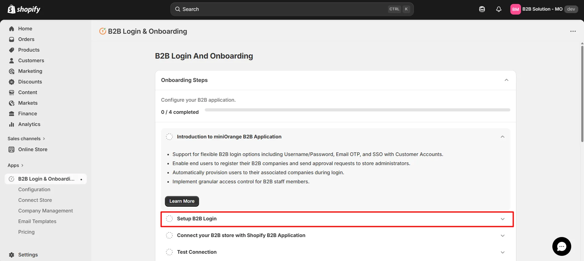 Click the Setup B2B Login Tab