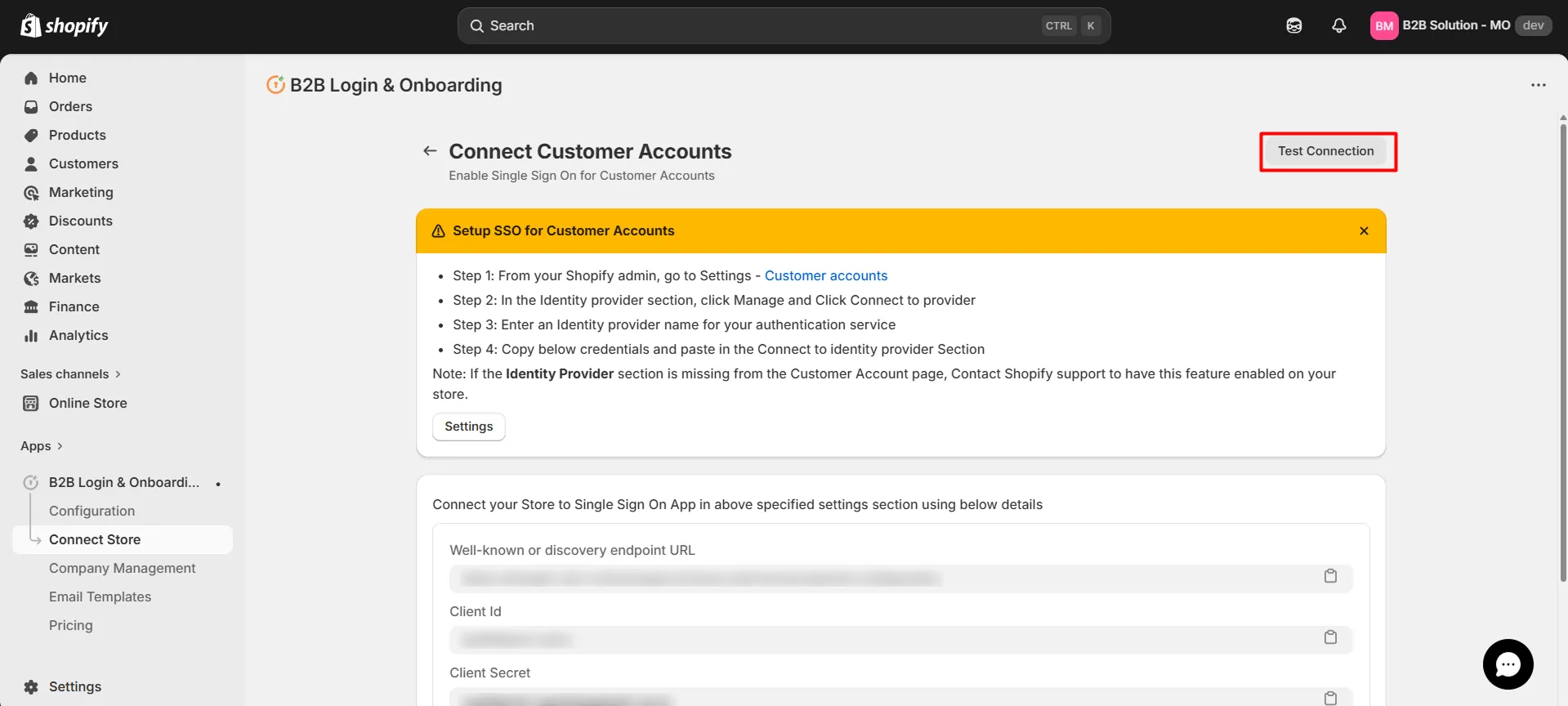 Test Connection in app