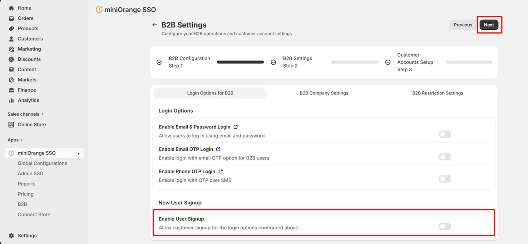 Shopify B2B in Single Sign-On (SSO) - Enable User Signup