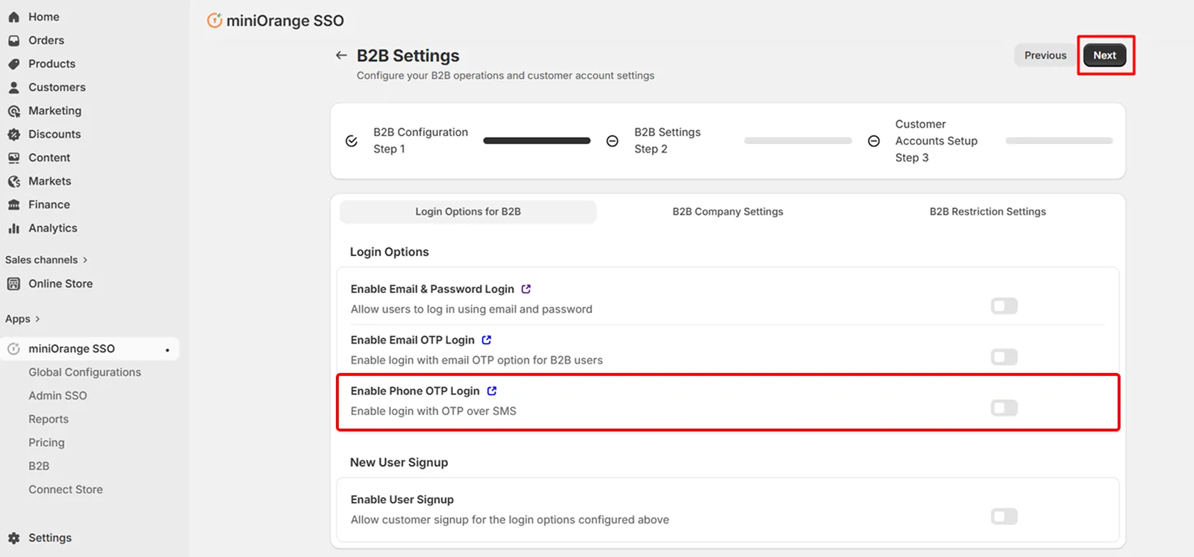 Shopify B2B in Single Sign-On (SSO) - Enable Phone OTP Login