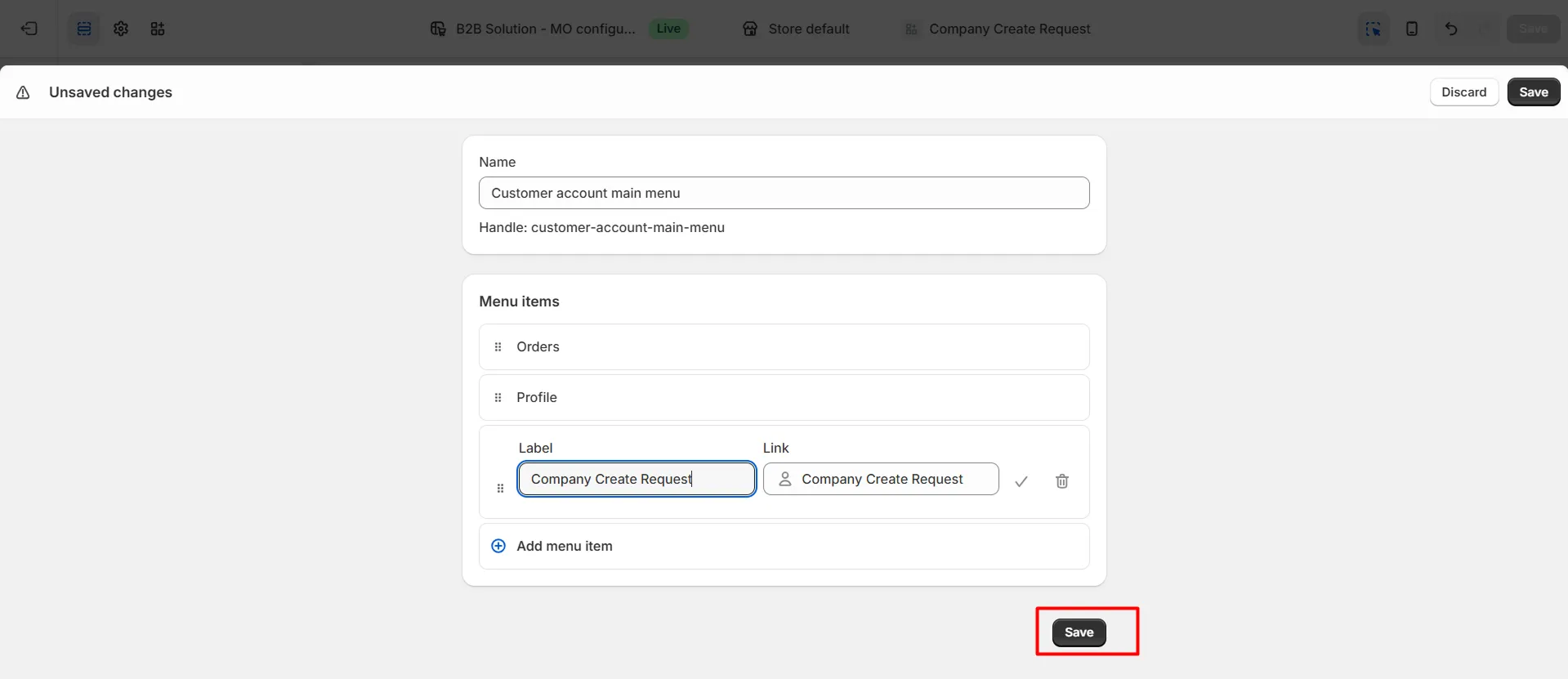 Create Company Request menu item label and save