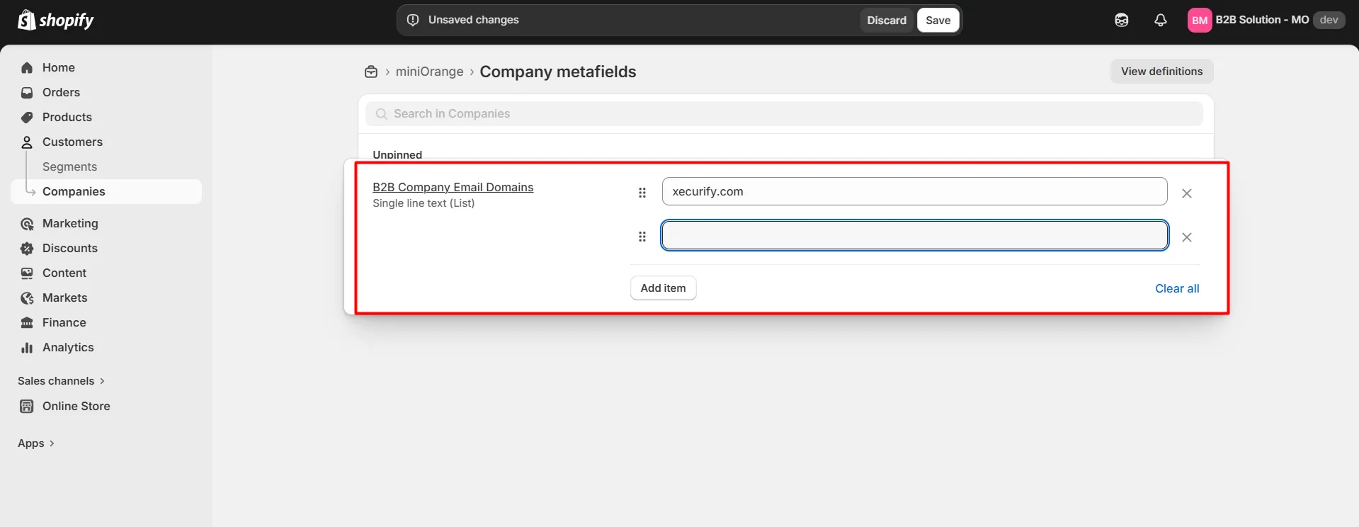 B2B company email domains in Shopify company metafields