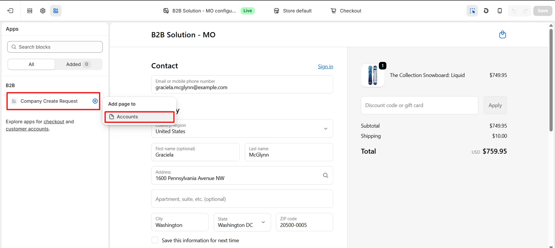 Add company request block to Accounts page in theme editor