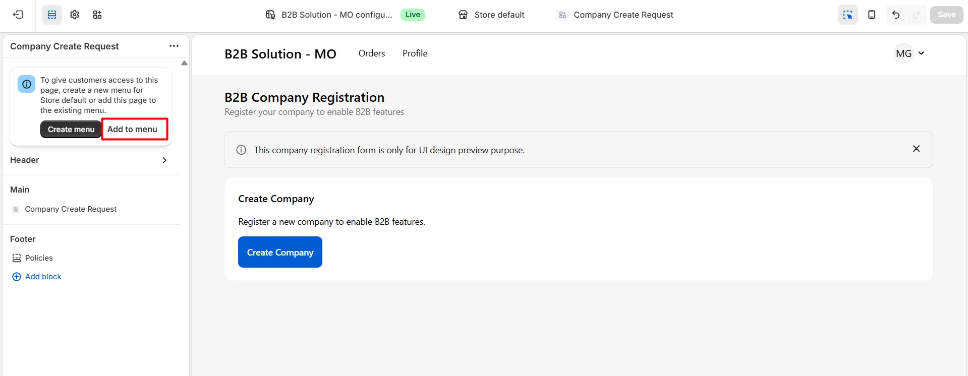Add company request page to storefront navigation menu