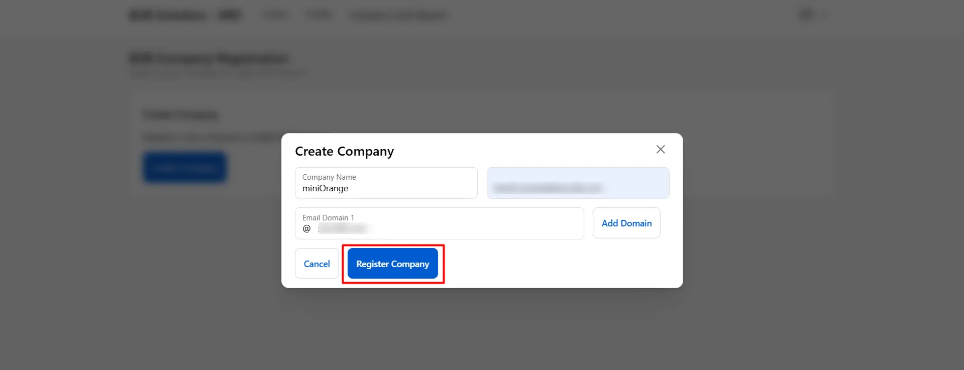 B2B company registration form with Register button