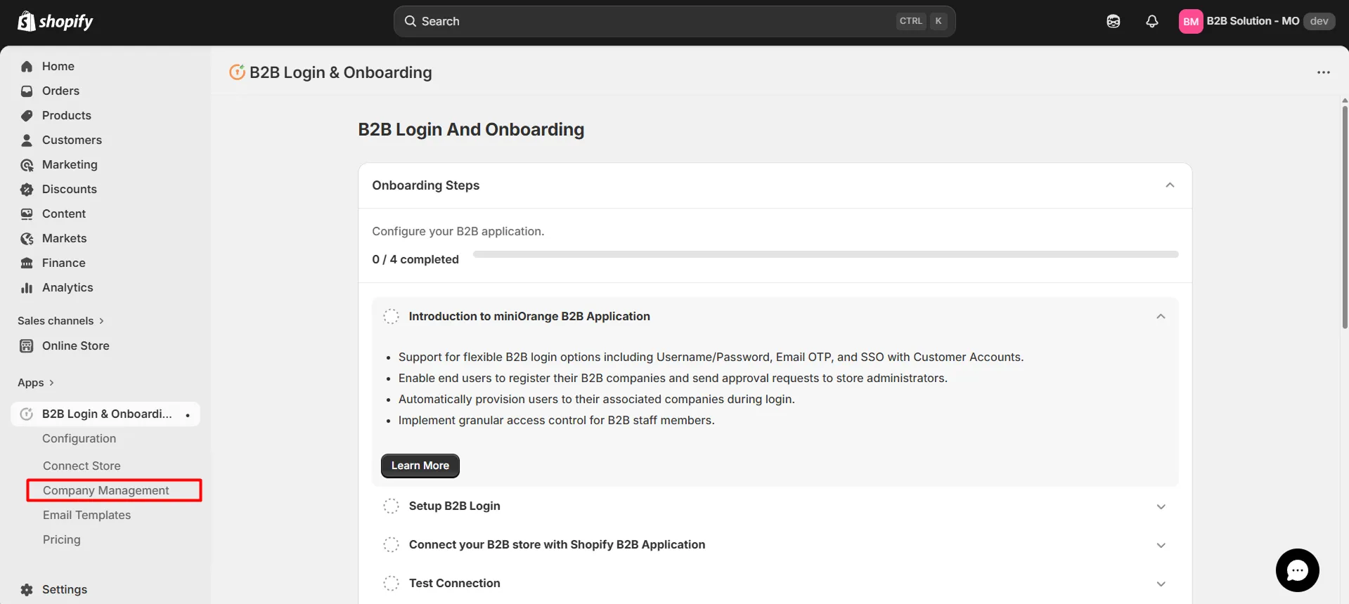 Company management tab in B2B Login and Onboarding app