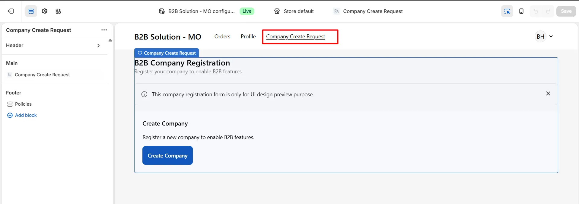 Storefront menu with B2B company registration page