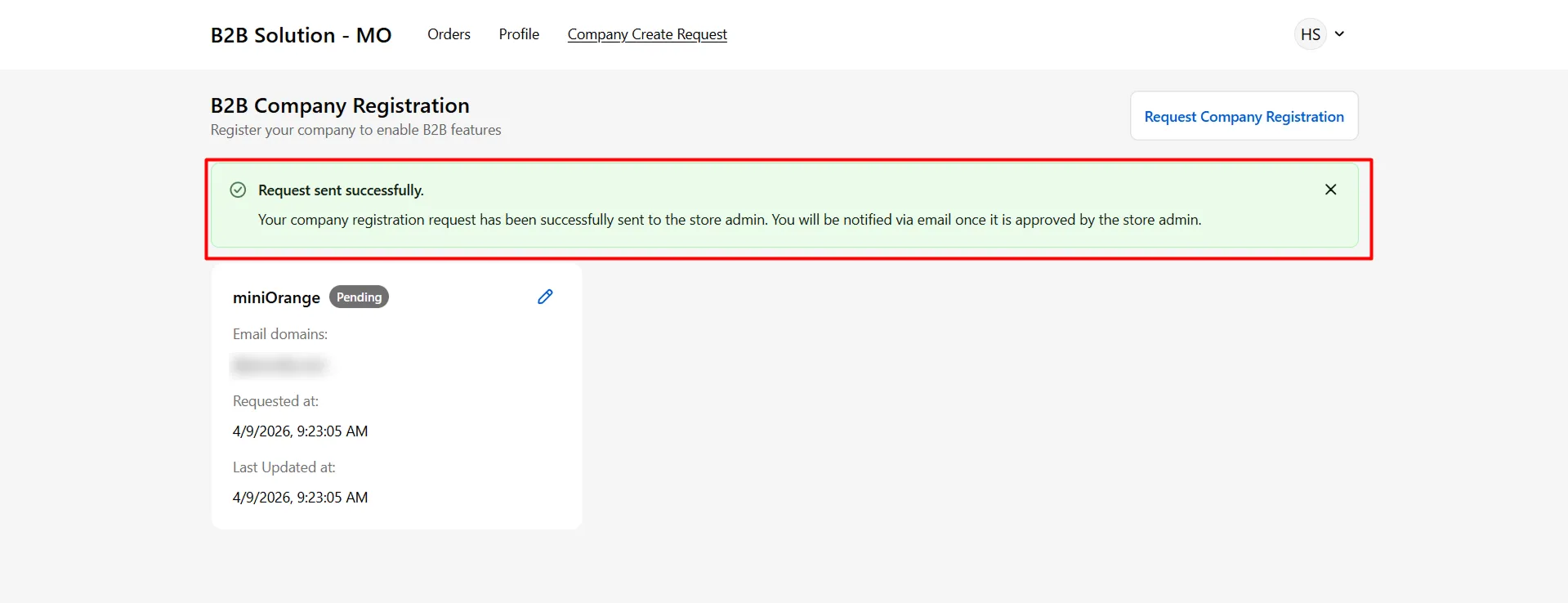 Company registration request sent successfully message