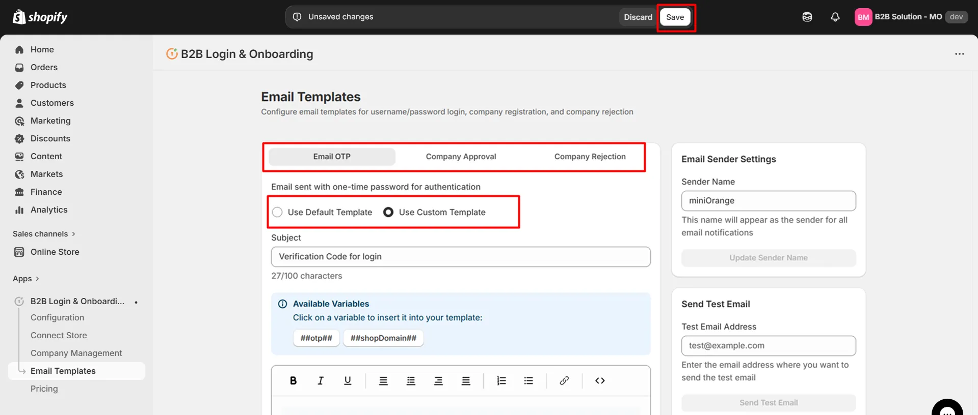 Customize B2B email templates for approval, rejection, and OTP