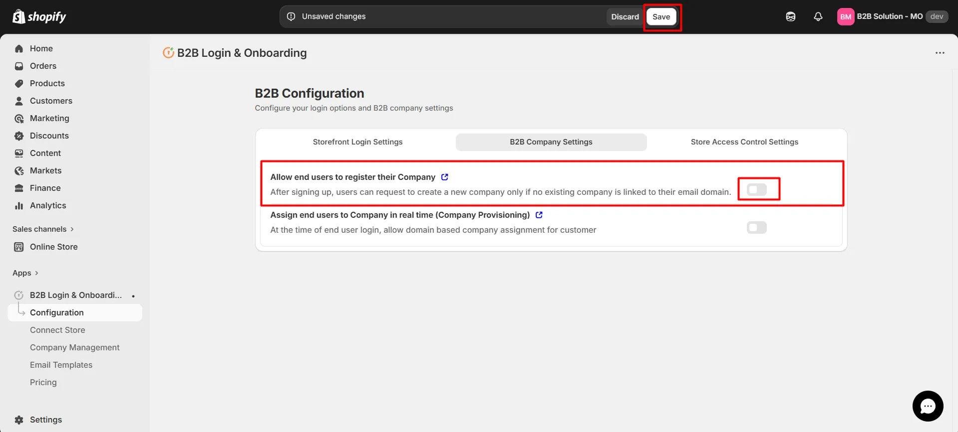 Allow company registration toggle in B2B Company Settings