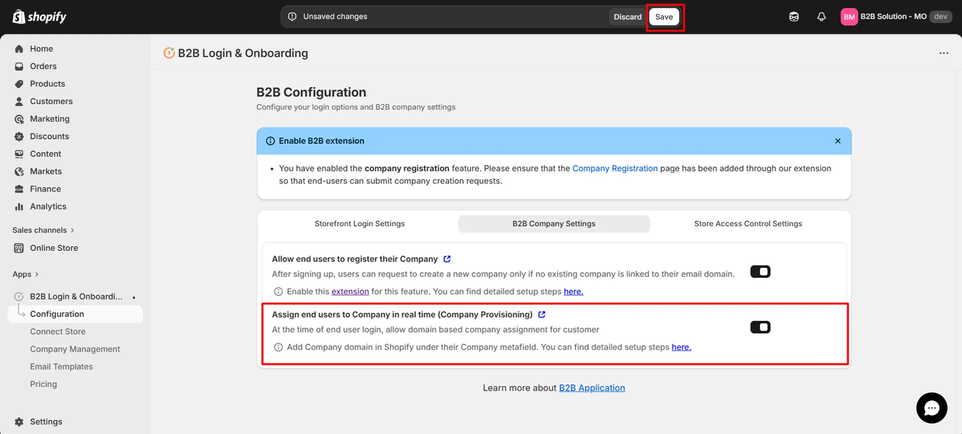 Enable company provisioning toggle in B2B Company Settings