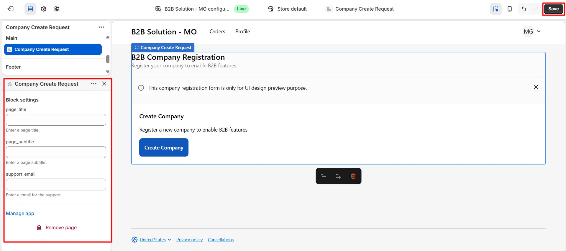 Company request page title and description fields