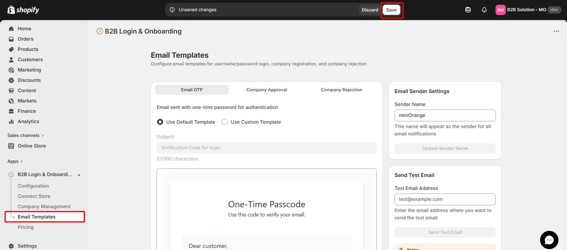 Email Templates tab in B2B Login and Onboarding app