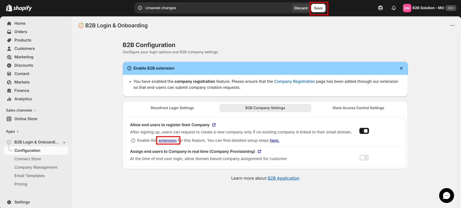 Enable company registration theme extension