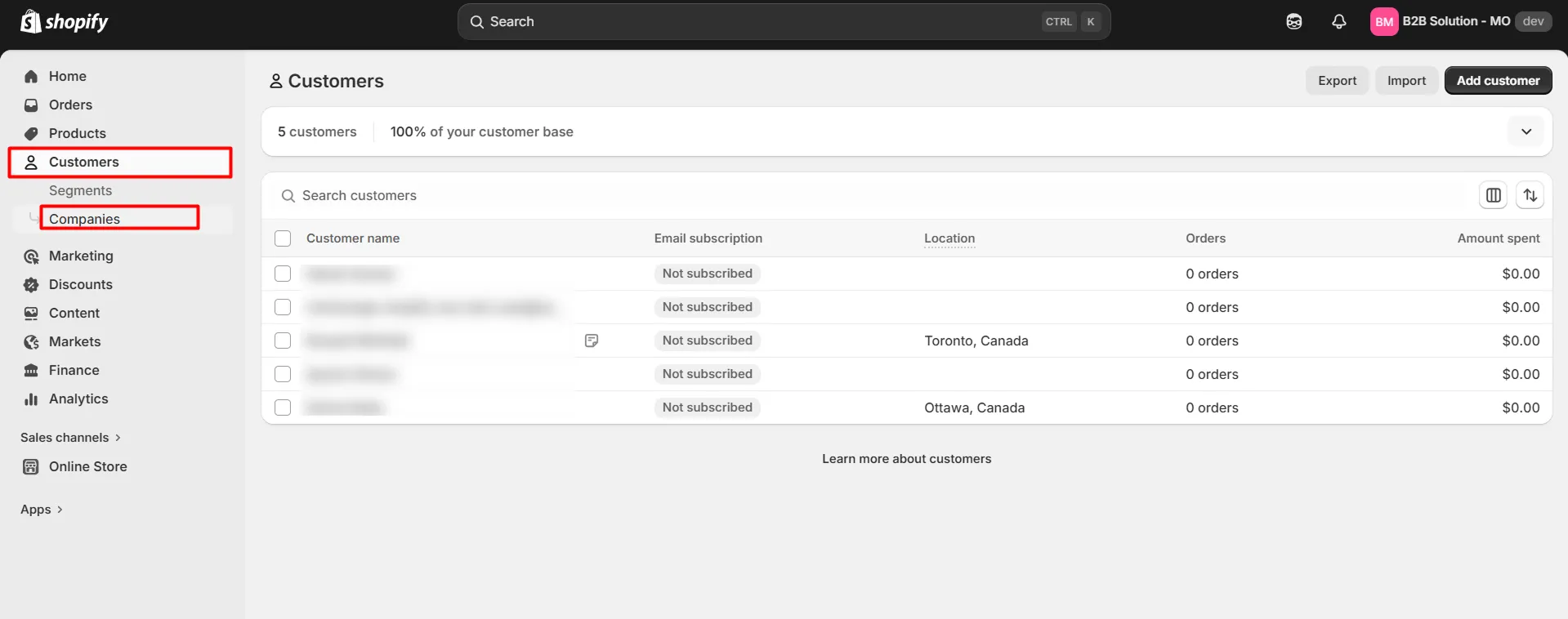 Shopify Admin Customers Companies list