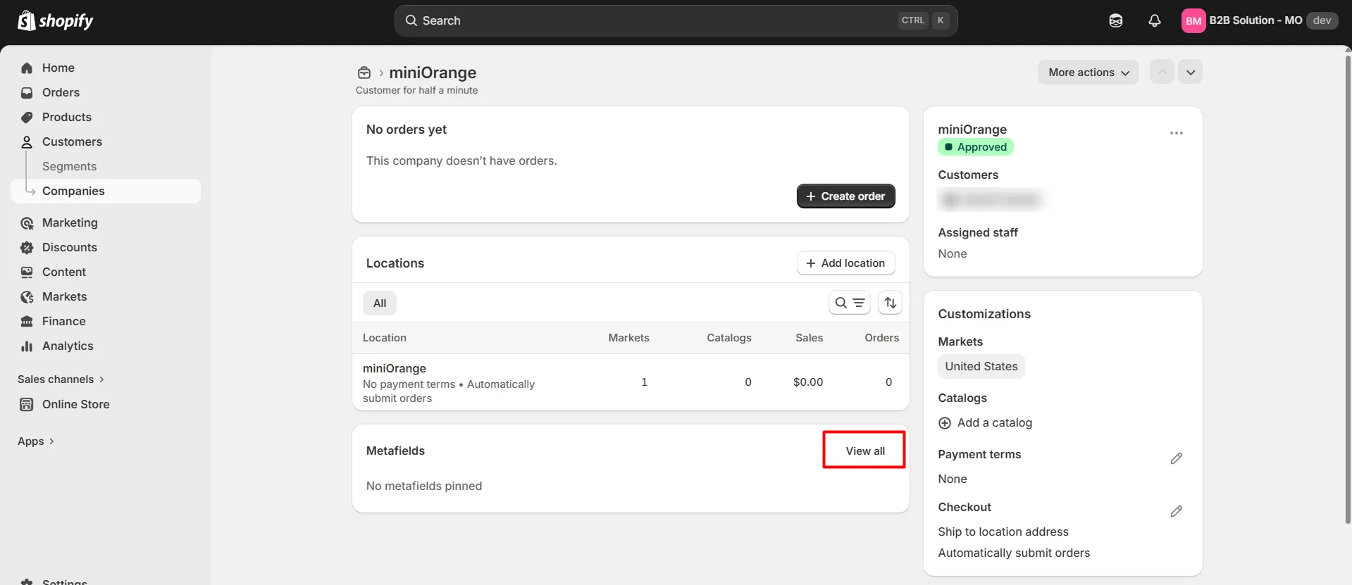Company profile metafields with View All link