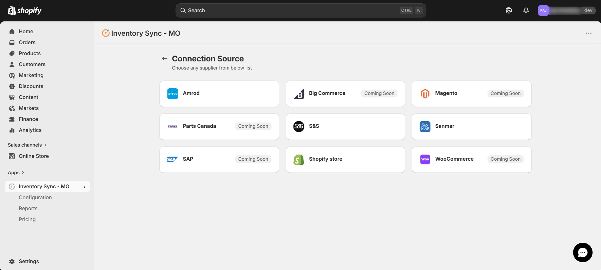 Shopify Inventory Sync - Choose source connection