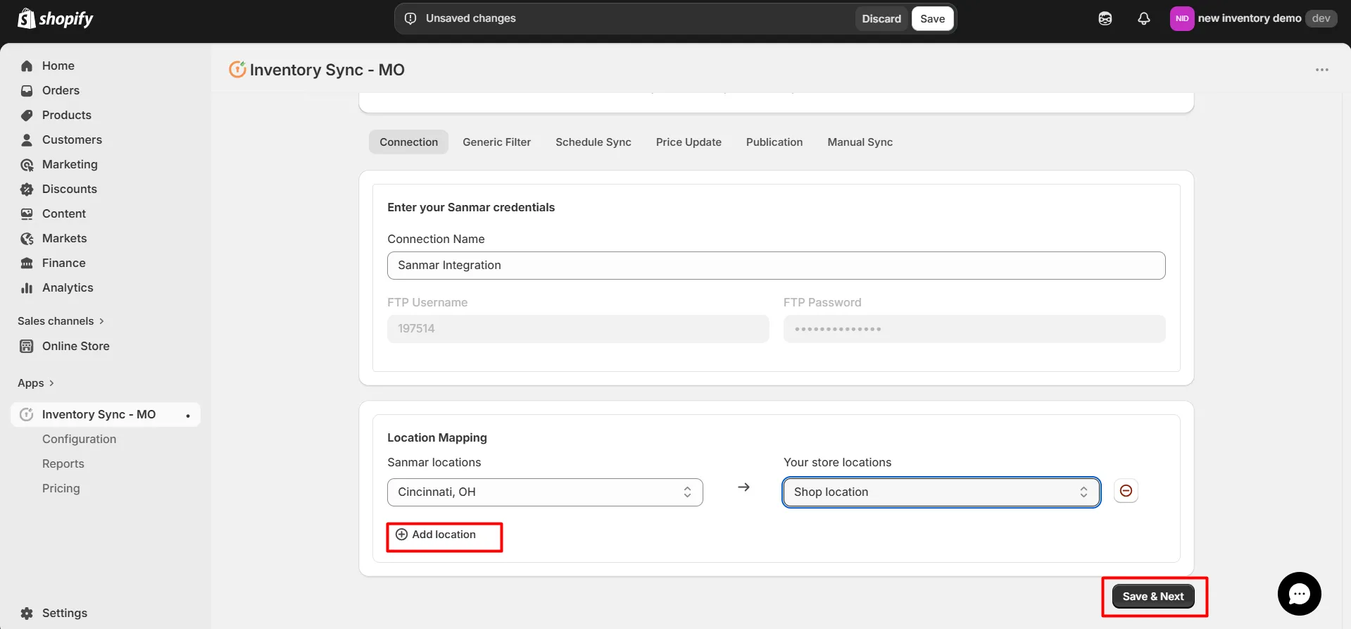 Shopify SanMar Integration - Location mapping