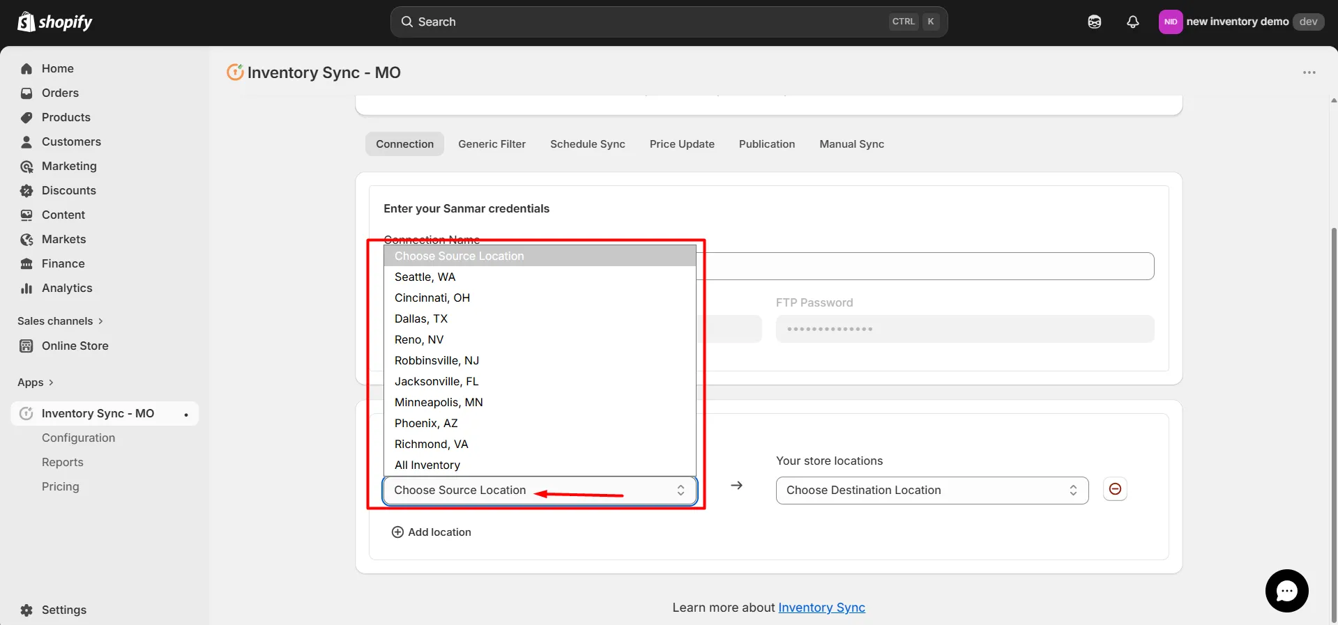 Shopify SanMar Integration - Choose source location