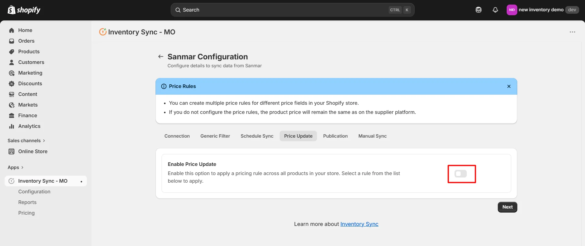 Shopify SanMar Integration - Enable Price Update