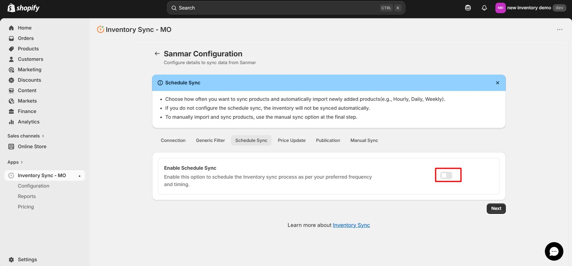 Shopify SanMar Integration - Enable Schedule Sync