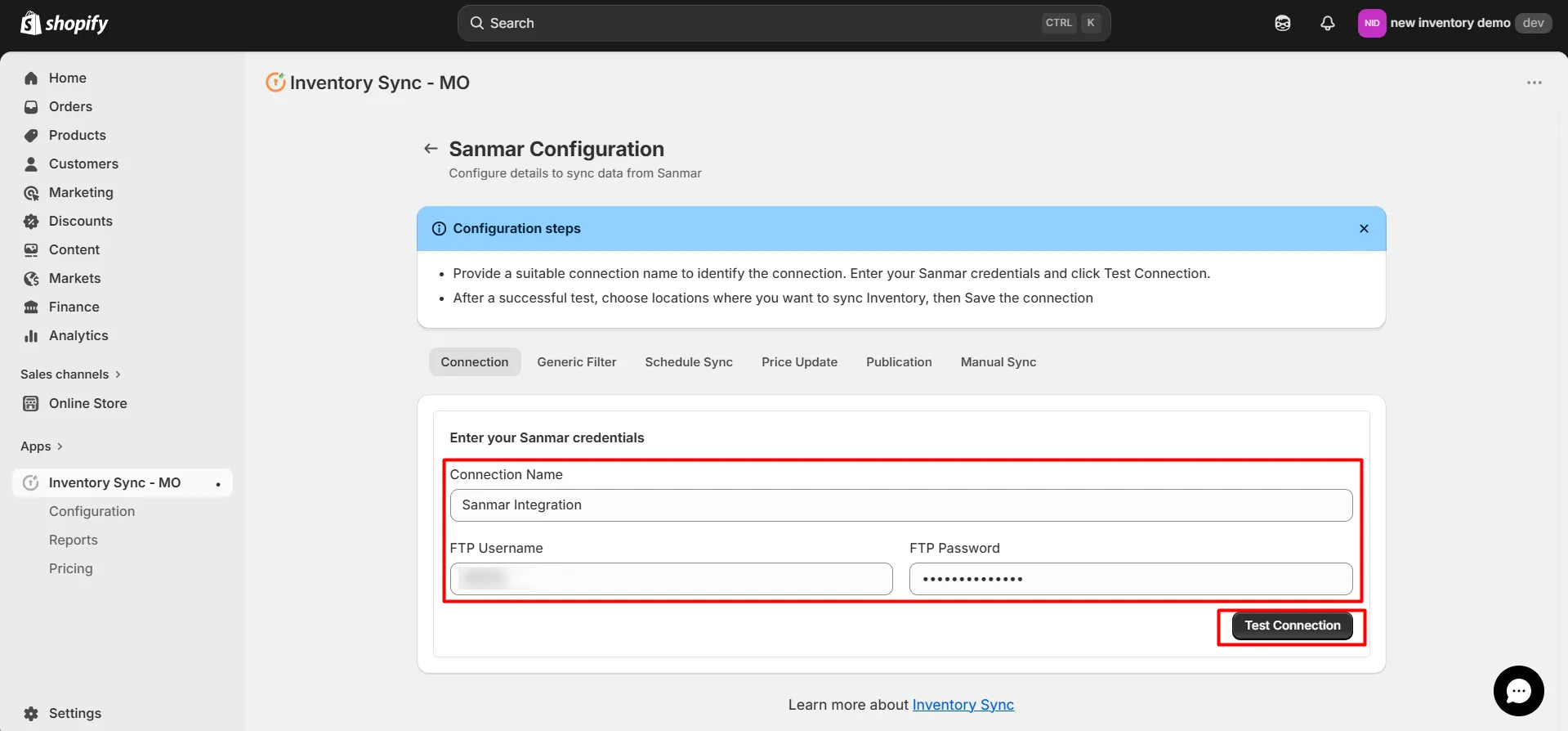 Shopify SanMar Integration - Enter your SanMar credentials