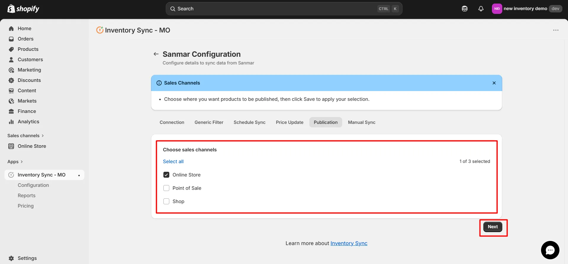 Shopify SanMar Integration - Choose sales channel