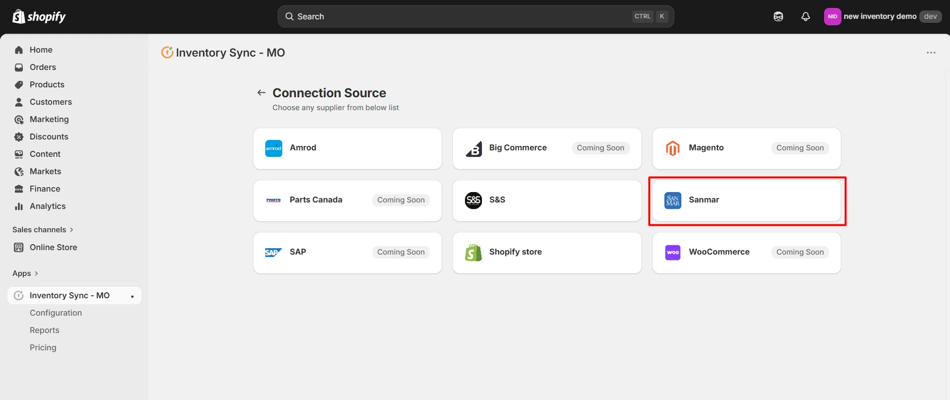 Shopify SanMar Integration - Choose source connection