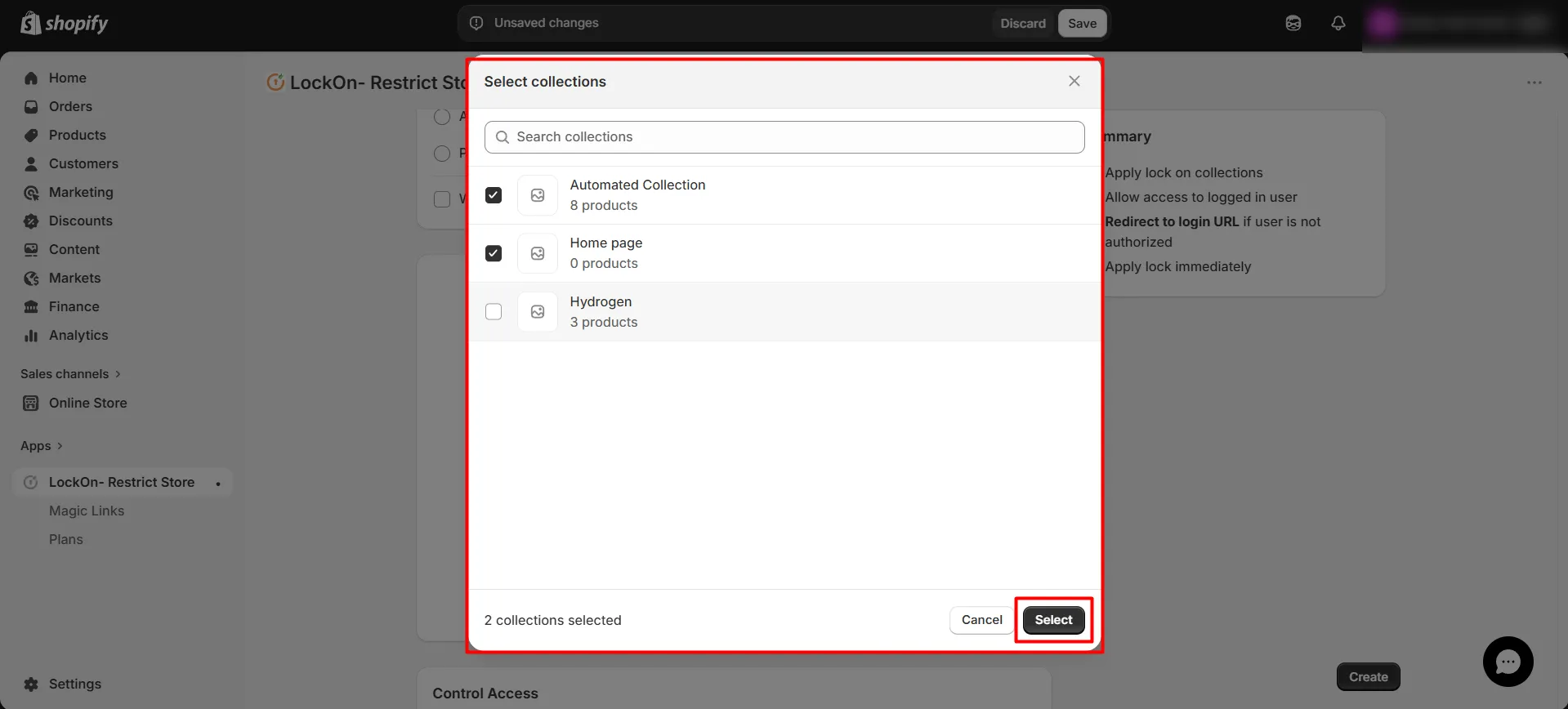 Shopify LockOn Restrict Content Application - - Select Collections