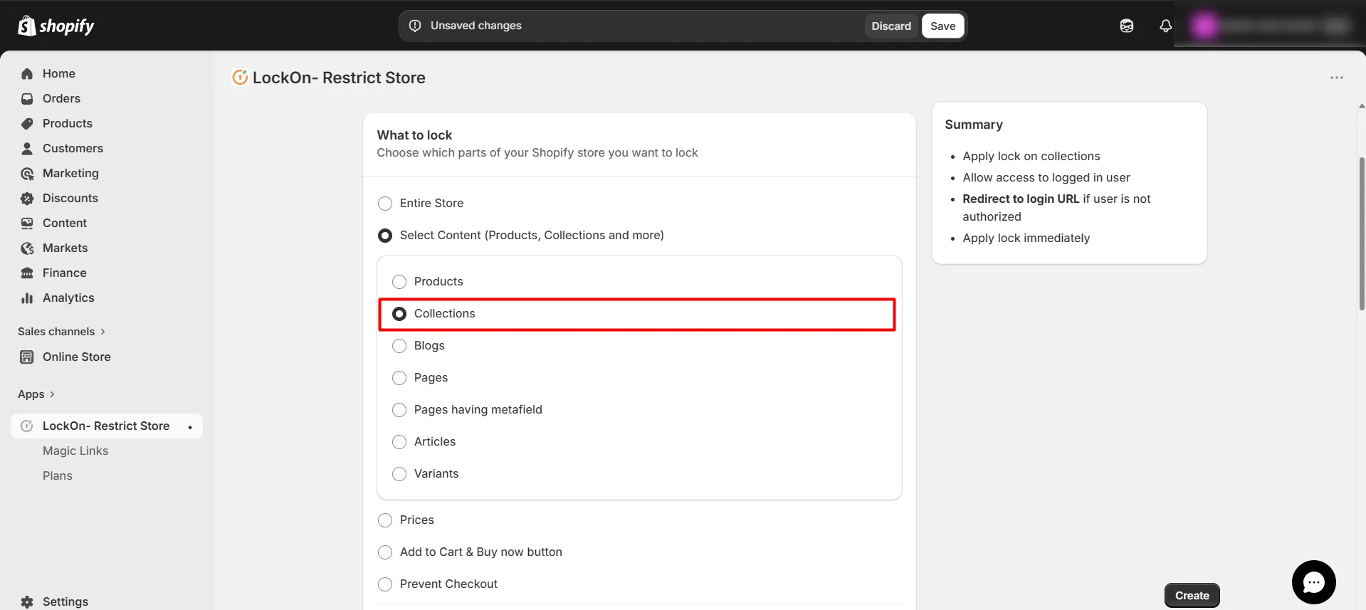 Shopify LockOn Restrict Content Application - - Select Collections
