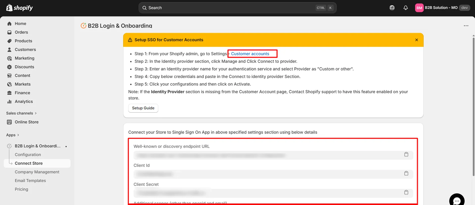Copy OAuth values and open Shopify Settings from app