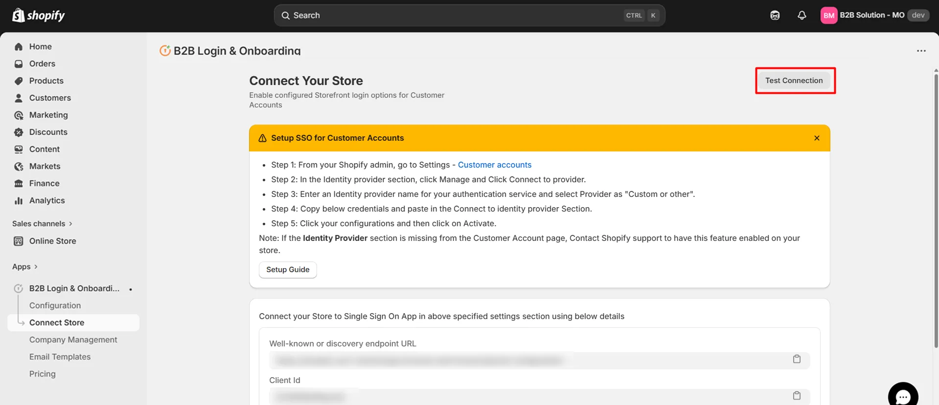 Test Connection button in B2B Login and Onboarding app