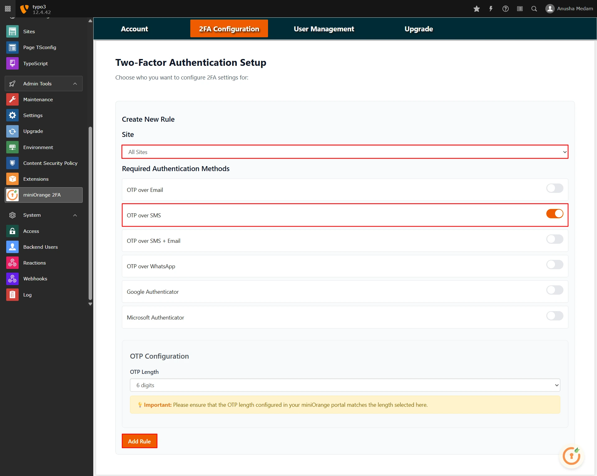 TYPO3 2FA - TYPO3 2 Two Factor Authentication - 2FA for TYPO3 - OTP Over SMS