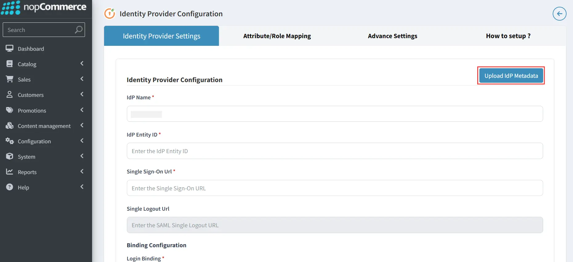 nopCommerce - Upload IdP Metadata Button
