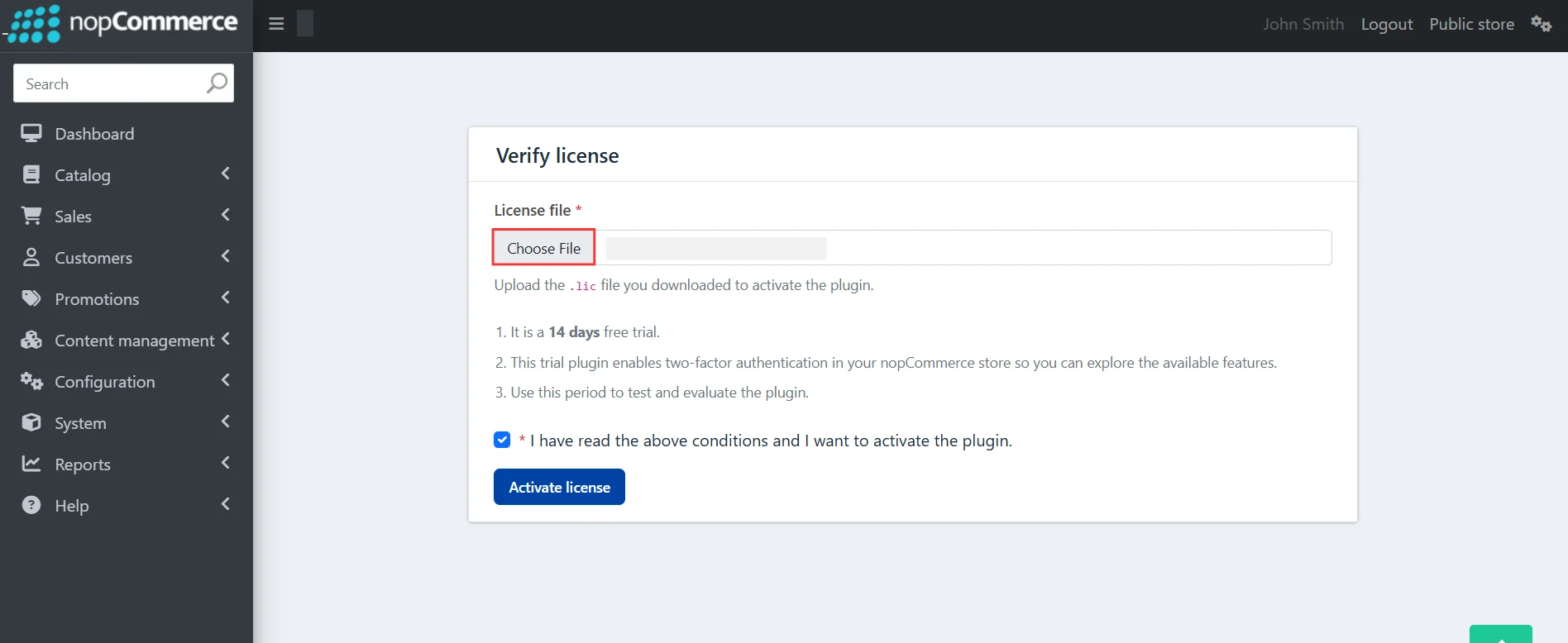 nopCommerce - Activate the plugin