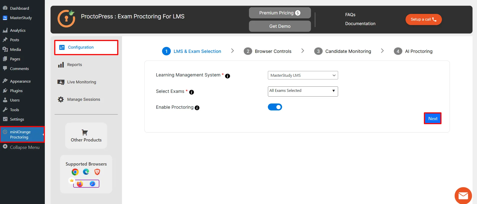 ProctoPress plugin for WordPress - LMS & Exam selection