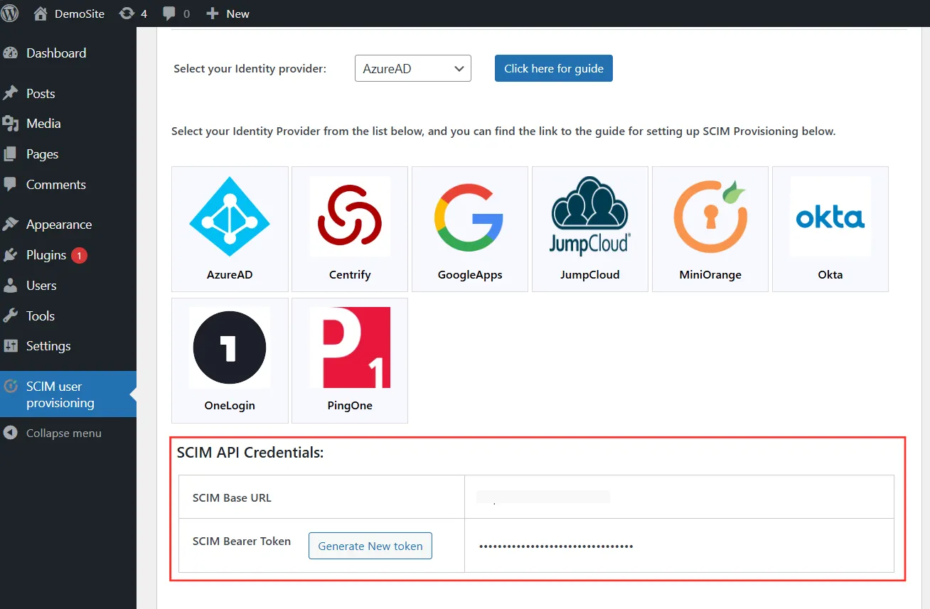 Wordpress SCIM Base URL and Bearer Token