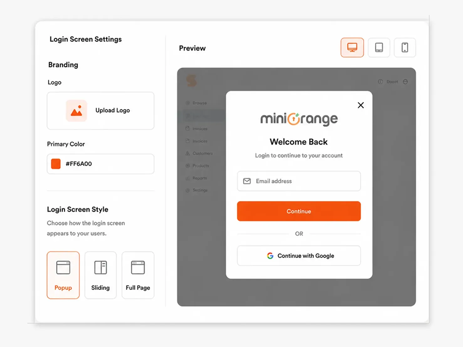 Step 2 preview: branded login screen with popup or sliding layout options