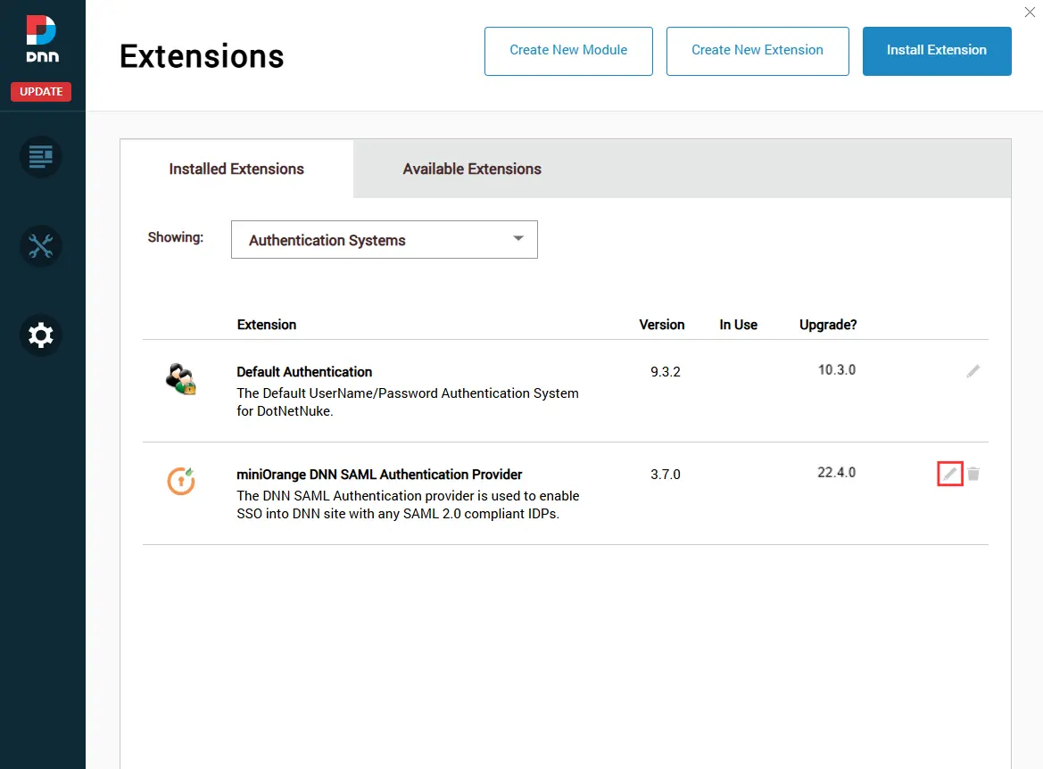 DNN SAML Authentication Provider - Pencil Icon