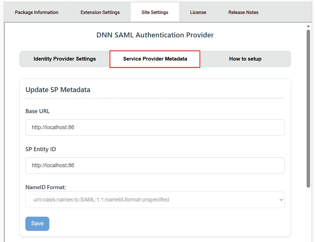 DNN SAML SSO - Service Provider Metadata Button